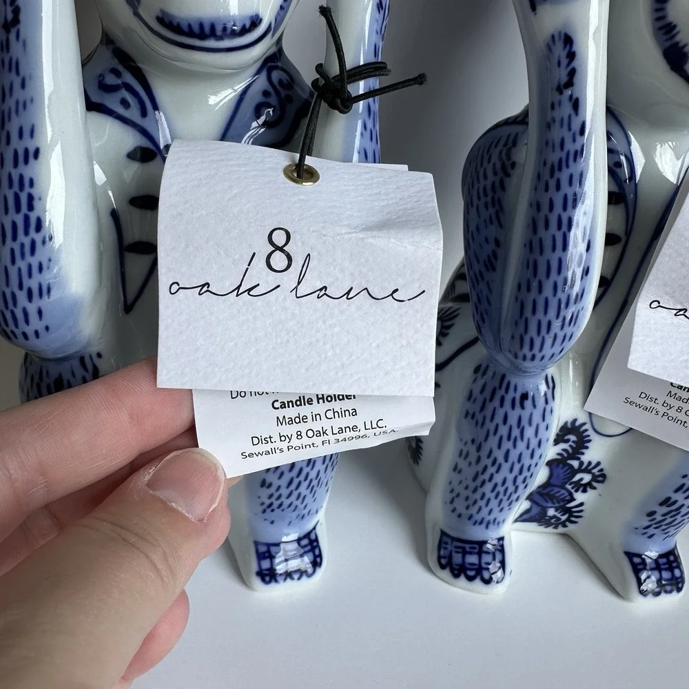 NWT 8 Oak Lane Blue White Porcelain Chinoiserie Monkey Candlestick Set 9 Inch
